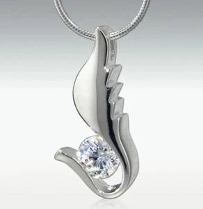 Diamond Wing Sterling Silver Funeral Cremation Urn Pendant w/Chain for Ashes - Picture 1 of 2