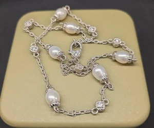 Judith Ripka 925 Silver Cultured Pearl & Diamonique Necklace Station 22" in Box - Imagen 1 de 17