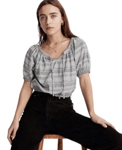 Madewell Jacquard Keyhole Short Sleeve Crop Top Black Striped Size XS - Picture 1 of 9