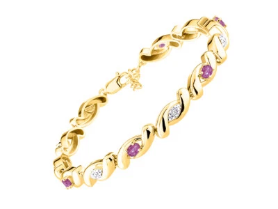 RYLOS STAR RUBY & DIAMOND TENNIS BRACELET YELLOW GOLD PLATED SILVER 7-8"  - Image 1 of 4