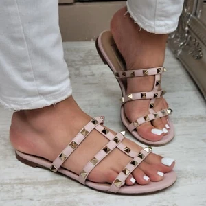Valentino Garavani Rockstud Pink Flats WAS £680 Sandals Shoe Slides EU 35 UK 2.5 - Picture 1 of 14
