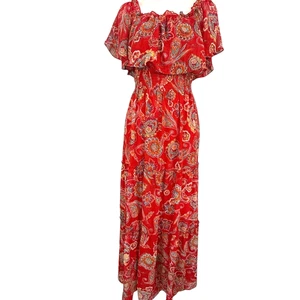 Rabbit Designs Damen Blumen rot Maxi Rüschen gesmokte Taille Bauernkleid Neu mit Etikett 10 - Bild 1 von 18