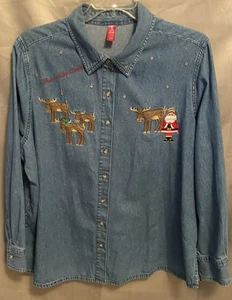 Denim Blouse Button Top Christmas Embroidered Santa Reindeer Womens 3X - Picture 1 of 9