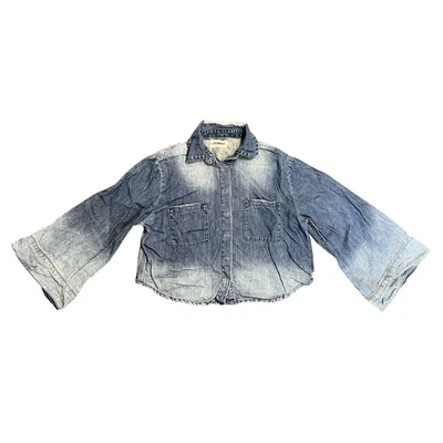 Una cucharadita pequeña de mezclilla recortada cuadrada camisa chaqueta mangas anchas campana envejecida Foto 1 de 4