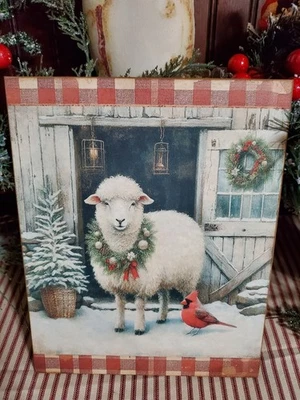 SWEET OLD PRIMITIVE COLONIAL VINTAGE STYLE CHRISTMAS SHEEP BARN WOOL WEAVER SIGN - Image 1 of 4