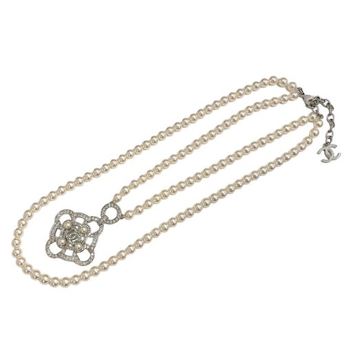 CHANEL Collana Ciondolo Girocollo Argento Bianco Marca Cocco Strass Bijoux Perla