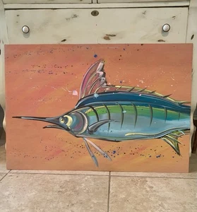 Quadro Asher Robinson 36”x24” arte popolare pesce su tavola sottile. Arte da spiaggia - Foto 1 di 6