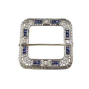 14K Rhodium Finish Yellow Gold Sapphire and Diamond Filigree Brooch #21774 - Picture 1 of 8
