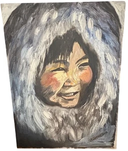 Dipinto olio originale di bambino Inuit di J. Jacobsen tela grigio nero LEGGI - Foto 1 di 7