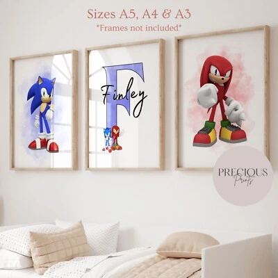 Set of 3 Childrens Personalised Sonic and Knuckles Bedroom Print / A5 A4 A3 - Image 1 of 3
