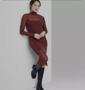 Wild Fable Women's Long Sleeve Lurex Mesh Midi Dress Small Burgundy Red Bodycon - Picture 1 of 14