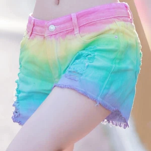 Pantalones Cortos Jeans Sexy Denim Estilo Callejero Color Arco Iris Tie Dye Verano Para Mujer Y2K - Imagen 1 de 11