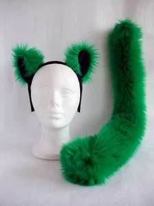 DUNKELGRÜNES pelziges Kätzchen KATZE STIRNBAND OHREN & SCHWANZ SET Anime Cosplay Halloween - Bild 1 von 3