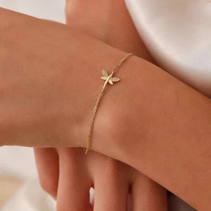 Dragonfly Bracelet, 14K Solid Gold Animal Bracelet, Tiny 14K Dragonfly Bracelet - Picture 1 of 8