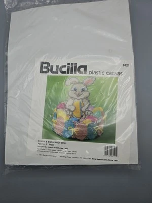 Easter Bunny Egg Candy Dish Plastic Canvas Bucilla Craft 9" High 1994 Sealed - Image 1 of 3