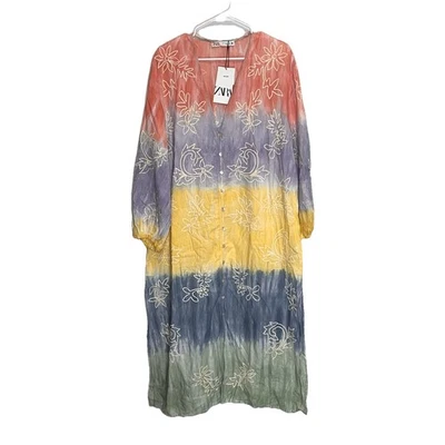 ZARA Dress Size L Multicolored Tie-Dye Embroidered Maxi Midi Kaftan Cotton NWT - Image 1 of 4