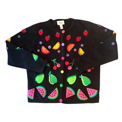 Vintage Talbots Embroidered Beaded Art To Wear Novelty Fruit Cardigan S - Image 1 of 4