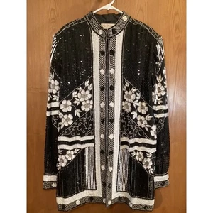 La Divina New York Womens Black Sequin Floral Beaded Jacket/Duster 100%Silk SzXL - Picture 1 of 13