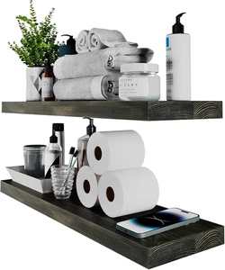 24 Inch Floating Shelves Rustic Natural Wood Pine Wall Shelf Set of 2 Open Shelv - Picture 1 of 6