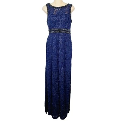Sue Wong Evening Gown 4 Navy Blue  Beaded Embroidered Lace Boat Neck Open Back - Image 1 of 4