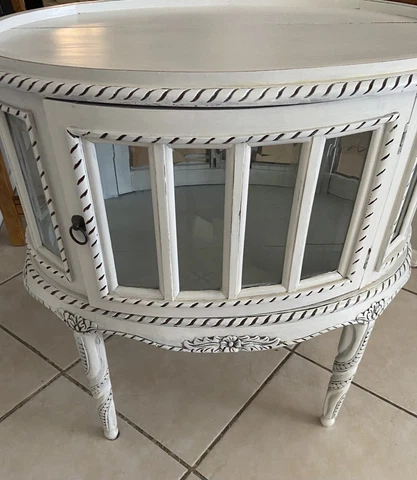 Vtge Tea Chest Accent Table Carved Wood Beveled Glass Oval 2 Door Chocolate Safe Cover