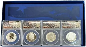 2014 SILVER 4 COIN KENNEDY 50th ANNIV HALF DOLLAR HIGH RELIEF SET BOX ANACS 70 - Picture 1 of 3