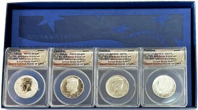 2014 SILVER 4 COIN KENNEDY 50th ANNIV HALF DOLLAR HIGH RELIEF SET BOX ANACS 70 - Image 1 of 3