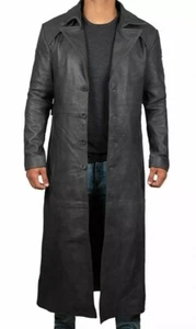Men's Classic Long Black Leather Trench Coat Gothic Duster Full Length Button Up - Picture 1 of 5
