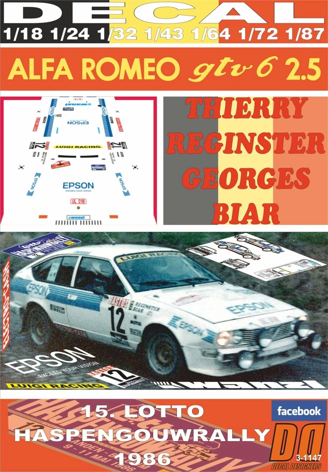 DECAL ALFA ROMEO ALFETTA GTV6 T.REGINSTER HASPENGOUWRALLY 1986 DnF (08) - Image 1 of 1
