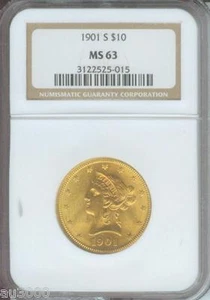1901-S $10 LIBERTY San Francisco Eagle NGC MS63 Gold Coin MS-63 Older Holder !! - Picture 1 of 2