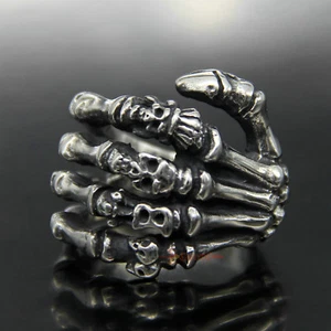 Men's Stainless Steel Ring Skull Skeleton Hand Finger Bone Gothic Retro Silver - Picture 1 of 11