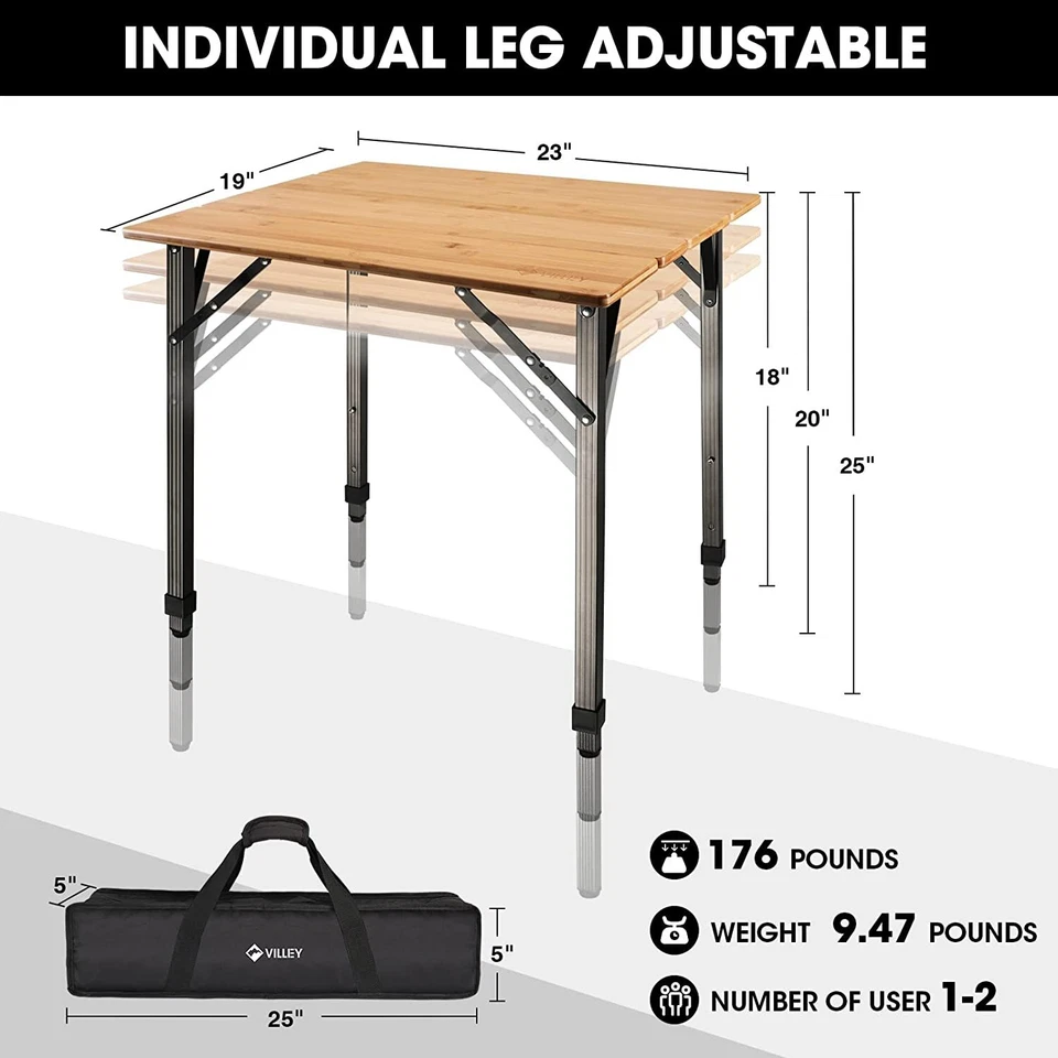Portable Heavy Duty Adjustable Height Bamboo Folding Table Camping Table 176 lbs - Image 1 of 4