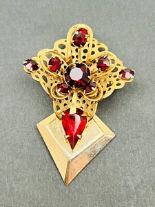Vintage Gold Tone Red Rhinestones Flower Bouquet Brooch Pin 3D Scroll Design - Picture 1 of 9