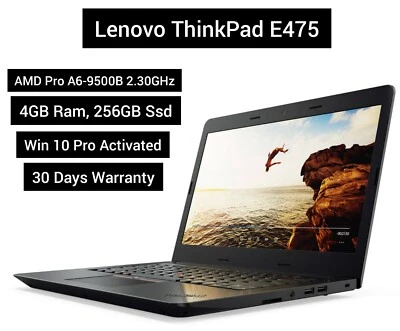 Excelente Lenovo ThinkPad E475 14" A6-9500B 2.3GHz 4GB 256GB Ssd Win 10 Pro Foto 1 de 4
