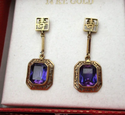 Pendientes colgantes llave griega zafiro violeta púrpura oro amarillo 14K 4,6 CTW [E165] Foto 1 de 4