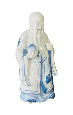 VTG CHINESE PORCELAIN FIGURINE SHOU XING God OF LONGEVITY Blue and White 13" - Image 1 of 4