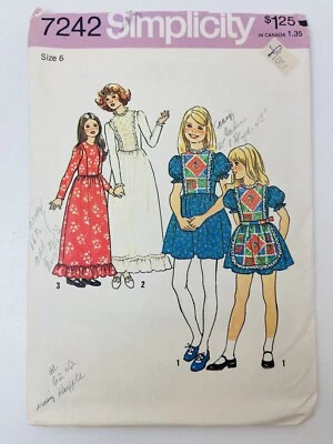 Vintage Simplicity Girl's Prairie Dress w/ Apron 70's Pattern # 7242 CUT Size 6 - Image 1 of 2
