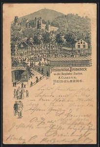 Vorläufer-Lithographie Heidelberg, 1894, Restaurant Bremeneck von A. Classen, a - Bild 1 von 2