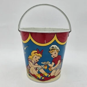 Ohio Art Tin Litho Sand Pail Toddlers At Beach boy girl dog vintage metal bucket - Picture 1 of 18