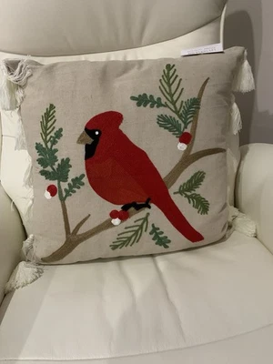 Joybirds Cardinal Embroidered Tassel Pillow Christmas Decor Throw Pillow New! - Image 1 of 4
