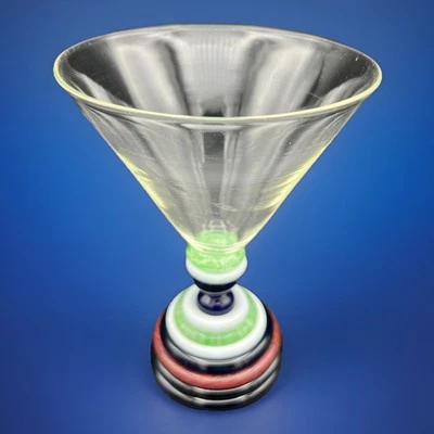 Margarita Glass Hand Blown Multi Color Striped Base And Clear Glass. - Image 1 of 4