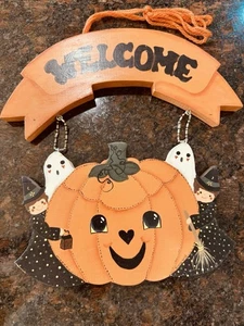 Wood HAPPY HALLOWEEN Welcome Pumpkin Ghosts Cute Goblins Handmade Hanging Decor - Picture 1 of 6