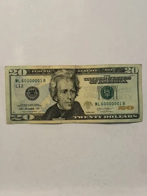 Очень редкая фантазии серийный номер $20 долларовая банкнота ML 60000001B - Изображение 1 из 3
