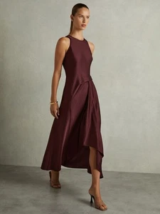 Reiss Micah Midikleid Satin drapiert Biesen Burgunderrot UK Größe 10 - Bild 1 von 6