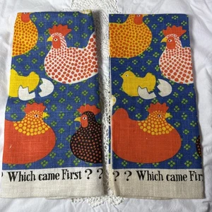 Kay Dee 100% Linen Chicken Tea Towels Set Bright Colors Vintage Primitive Granny - Picture 1 of 12