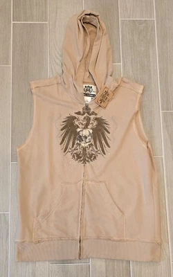NWT Route 66 Sleeveless Hoodie Full Zip Mens Large Skull Tribal Beige Y2K - Image 1 of 4
