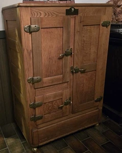 Antique Oak Wood Refrigerator Ice Box Chest Cabinet - Picture 1 of 24
