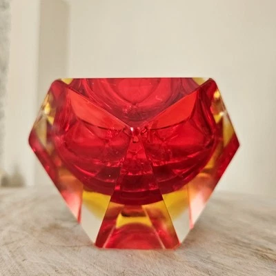 Vintage 60s MCM Red Murano Geometric Faceted Cased Glass Trinket Dish Ashtray - Image 1 of 4