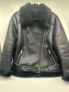 Zara Black Faux Shearling Aviator Jacket Size M | Belted Moto Style | Like New - Bild 1 von 3