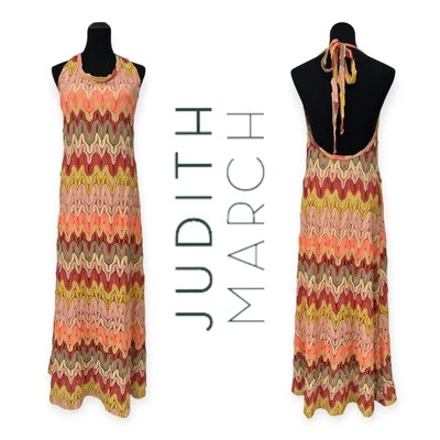 Judith March | M | Multi-Color Crochet Zig-Zag Open Back Lined Halter Maxi Dress - Image 1 of 4